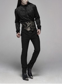 Gothic Style Elegant Stand Collar Gorgeous Jacquard Pattern Exquisite Jewel Button Vintage Black Long Sleeves Shirt