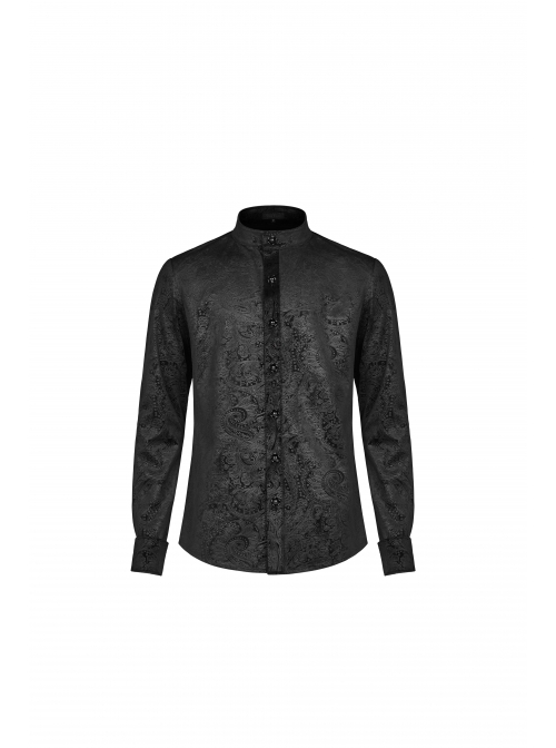 Gothic Style Elegant Stand Collar Gorgeous Jacquard Pattern Exquisite Jewel Button Vintage Black Long Sleeves Shirt