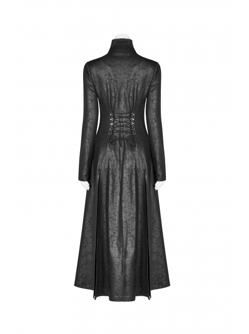 Punk Style Stand Collar Crack Knitted Fabric Metal Rivet Buckle Strap Back Waist Lace Up Black Slim Long Coat