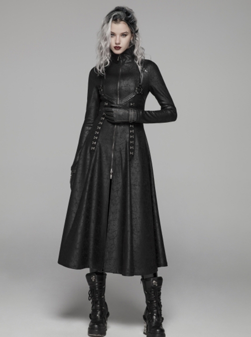 Punk Style Stand Collar Crack Knitted Fabric Metal Rivet Buckle Strap Back Waist Lace Up Black Slim Long Coat