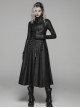 Punk Style Stand Collar Crack Knitted Fabric Metal Rivet Buckle Strap Back Waist Lace Up Black Slim Long Coat