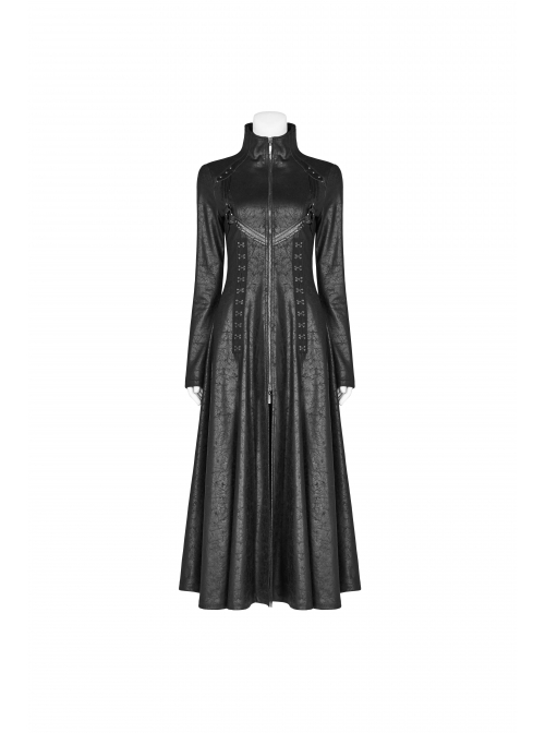 Punk Style Stand Collar Crack Knitted Fabric Metal Rivet Buckle Strap Back Waist Lace Up Black Slim Long Coat