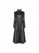 Punk Style Stand Collar Crack Knitted Fabric Metal Rivet Buckle Strap Back Waist Lace Up Black Slim Long Coat