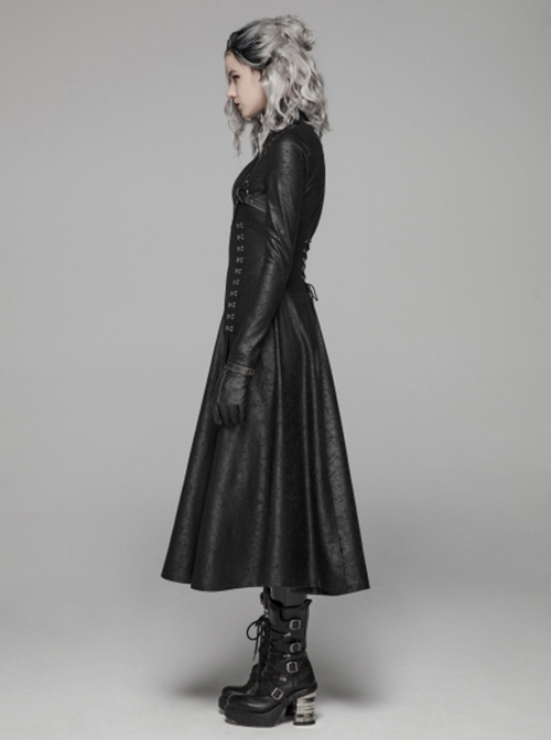 Punk Style Stand Collar Crack Knitted Fabric Metal Rivet Buckle Strap Back Waist Lace Up Black Slim Long Coat