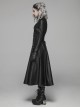 Punk Style Stand Collar Crack Knitted Fabric Metal Rivet Buckle Strap Back Waist Lace Up Black Slim Long Coat