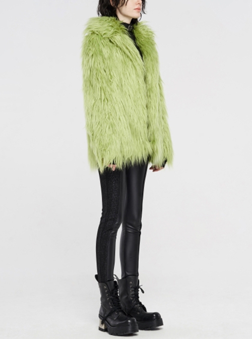 Punk Style Wool Like Fabric Warm And Comfortable Fluorescent Green Loose Fitting Long Sleeves Jacket