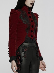 Gothic Style Elegant Stand Collar Luxurious Velvet Delicate Lace Decoration Red Long Sleeves Slim Coat