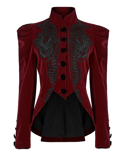 Gothic Style Elegant Stand Collar Luxurious Velvet Delicate Lace Decoration Red Long Sleeves Slim Coat