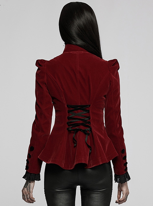 Gothic Style Elegant Stand Collar Luxurious Velvet Delicate Lace Decoration Red Long Sleeves Slim Coat