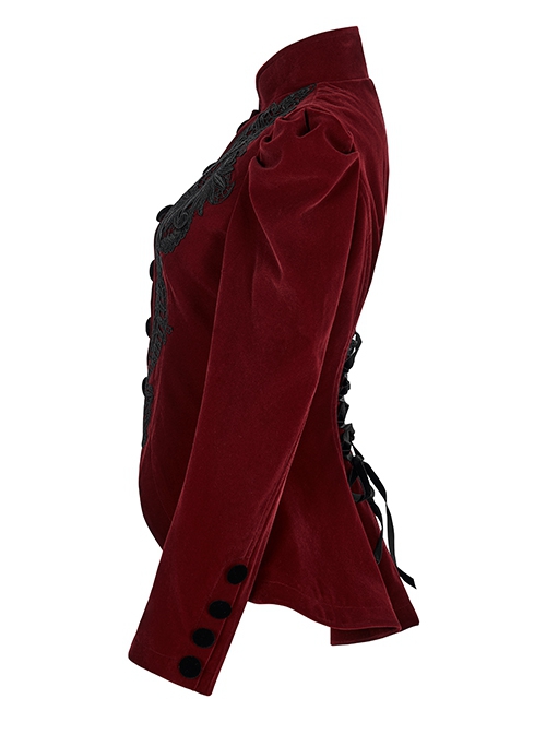 Gothic Style Elegant Stand Collar Luxurious Velvet Delicate Lace Decoration Red Long Sleeves Slim Coat