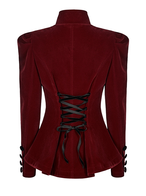 Gothic Style Elegant Stand Collar Luxurious Velvet Delicate Lace Decoration Red Long Sleeves Slim Coat