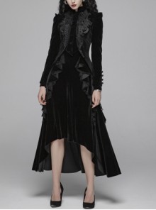 Gothic Style High Collar Chest Exquisite Embroidered Lace Back Waist Lace Up Retro Black Long Sleeves Slim Coat