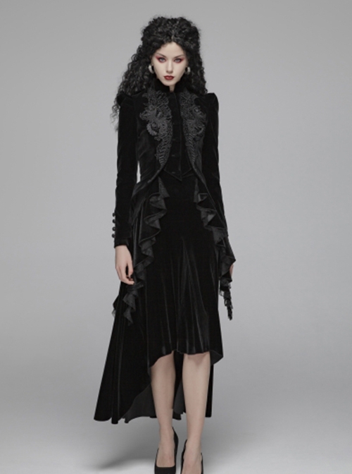 Gothic Style High Collar Chest Exquisite Embroidered Lace Back Waist Lace Up Retro Black Long Sleeves Slim Coat