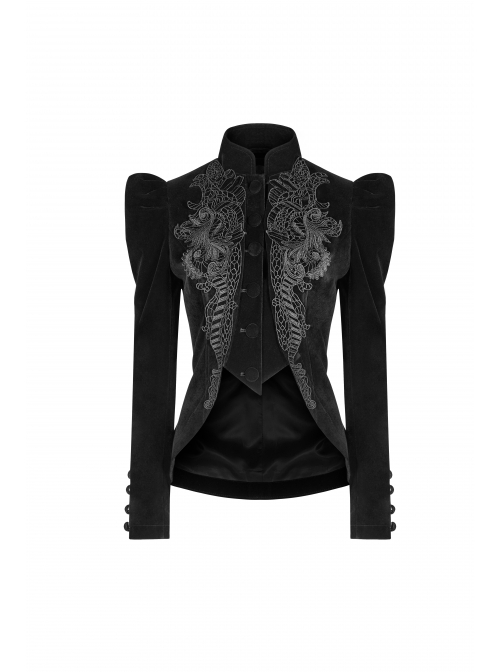 Gothic Style High Collar Chest Exquisite Embroidered Lace Back Waist Lace Up Retro Black Long Sleeves Slim Coat