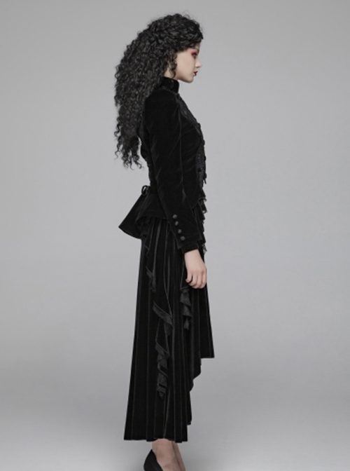 Gothic Style High Collar Chest Exquisite Embroidered Lace Back Waist Lace Up Retro Black Long Sleeves Slim Coat