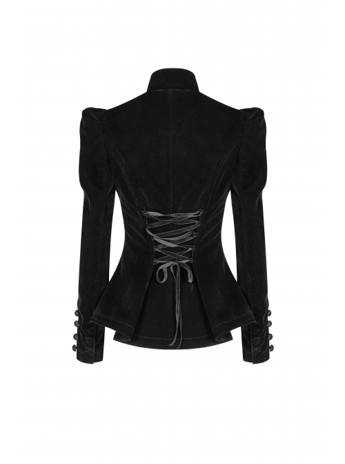 Gothic Style High Collar Chest Exquisite Embroidered Lace Back Waist Lace Up Retro Black Long Sleeves Slim Coat