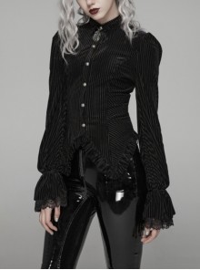 Gothic Style Elegant Lapel Dark Stripe Velvet Lace Ruffles Retro Metal Buttons Black Long Sleeves Slim Shirt