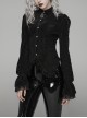 Gothic Style Elegant Lapel Dark Stripe Velvet Lace Ruffles Retro Metal Buttons Black Long Sleeves Slim Shirt