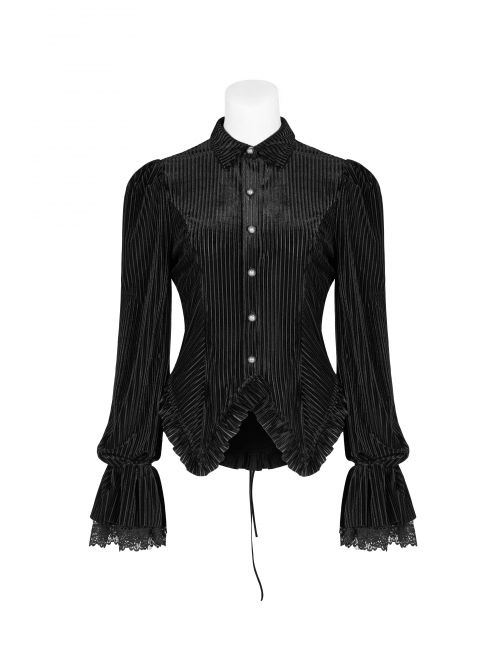 Gothic Style Elegant Lapel Dark Stripe Velvet Lace Ruffles Retro Metal Buttons Black Long Sleeves Slim Shirt