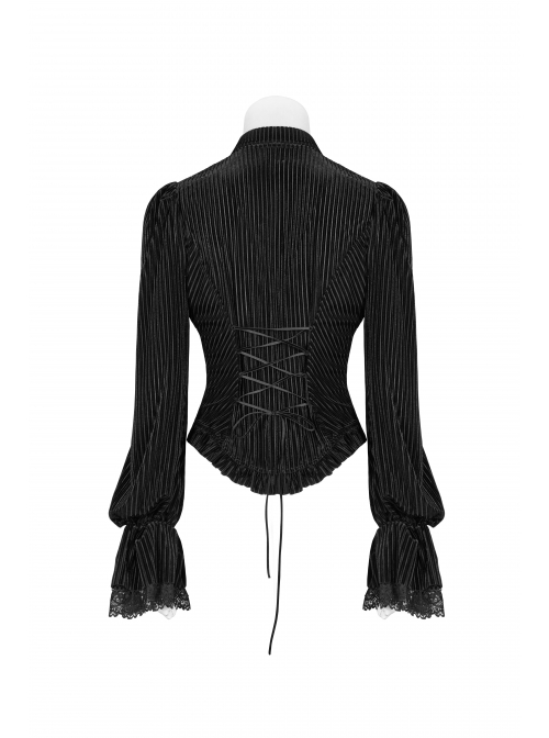 Gothic Style Elegant Lapel Dark Stripe Velvet Lace Ruffles Retro Metal Buttons Black Long Sleeves Slim Shirt