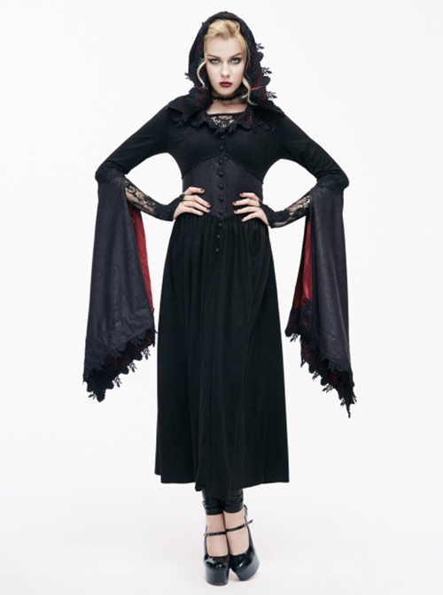 Gothic Suede Slit Lace Waist Dark Pattern Waist Black And Red Trumpet Sleeve Hooded Coat