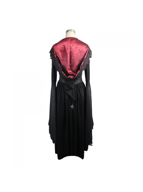 Gothic Suede Slit Lace Waist Dark Pattern Waist Black And Red Trumpet Sleeve Hooded Coat