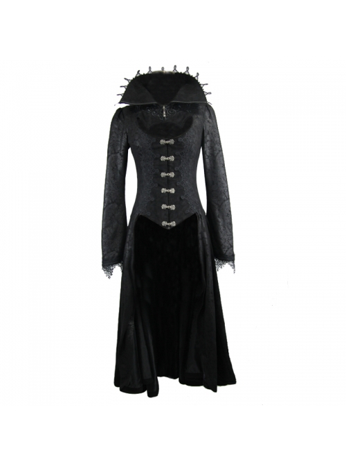 Gothic Style Exquisite Dark Pattern Splicing Suede Fabric Hollow Chest Stand Collar Black Lace Trumpet Sleeve Jacket