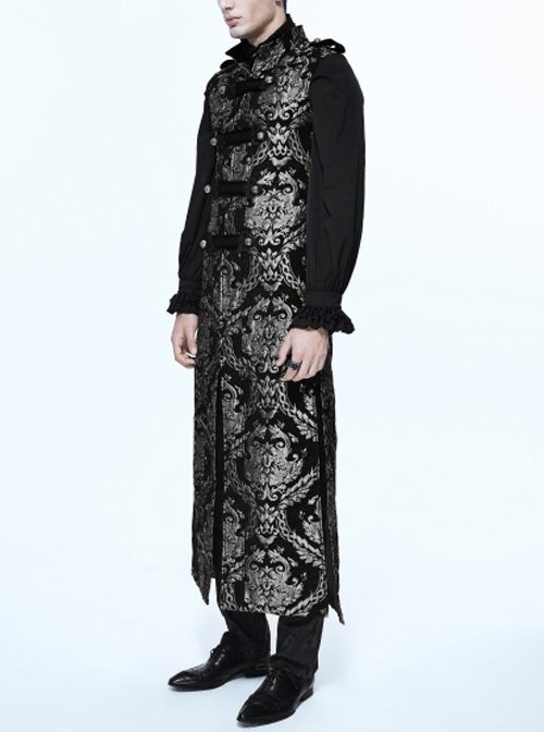 Gothic Style Elegant Palace Jacquard Fabric Chest Spiral Buckle Black And Silver Long Men's Vest