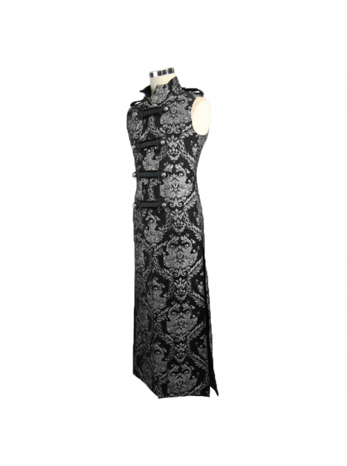 Gothic Style Elegant Palace Jacquard Fabric Chest Spiral Buckle Black And Silver Long Men's Vest