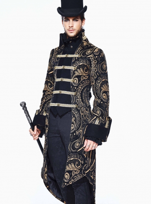 Gothic Style Heavy Jacquard Splicing Short Fleece Exaggerated Hem Black And Gold Fake Two Piece Men's Stand Up Collar Coat
