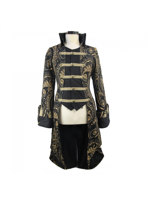 Gothic Style Heavy Jacquard Splicing Short Fleece Exaggerated Hem Black And Gold Fake Two Piece Men's Stand Up Collar Coat