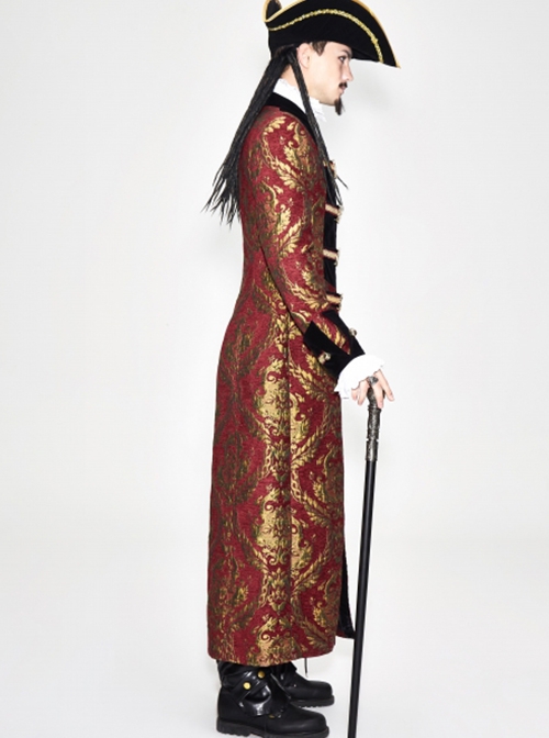 Gothic Style Gorgeous Jacquard With Velvet Fabric Front Center Ribbon Metal Button Link Gold Red Folding Coat
