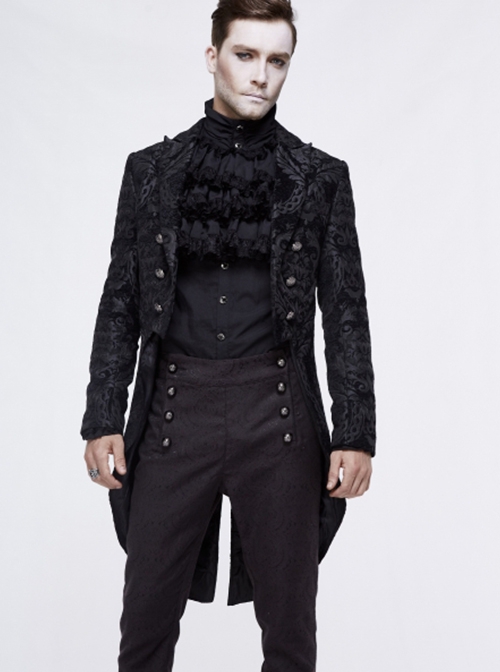 Gothic Style Exquisite Thick Jacquard Fabric Asymmetric Black Slit Long Sleeve Coat