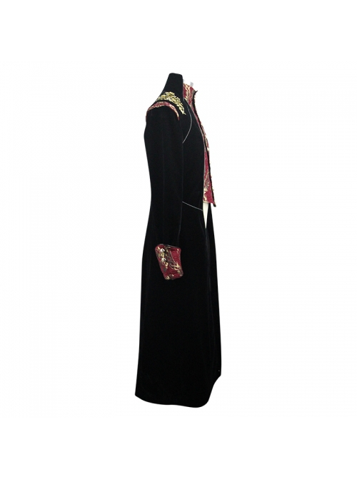 Gothic Style Gentleman Gorgeous Wool Jacquard Faded Button Shoulder Embroidery Decoration Black And Red Long Coat