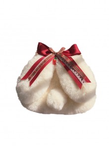 Plush White Rabbit Bowknot Check Ribbon Bow Lace Crossbody Pearl Chain Cute Sweet Lolita Bunny Bag