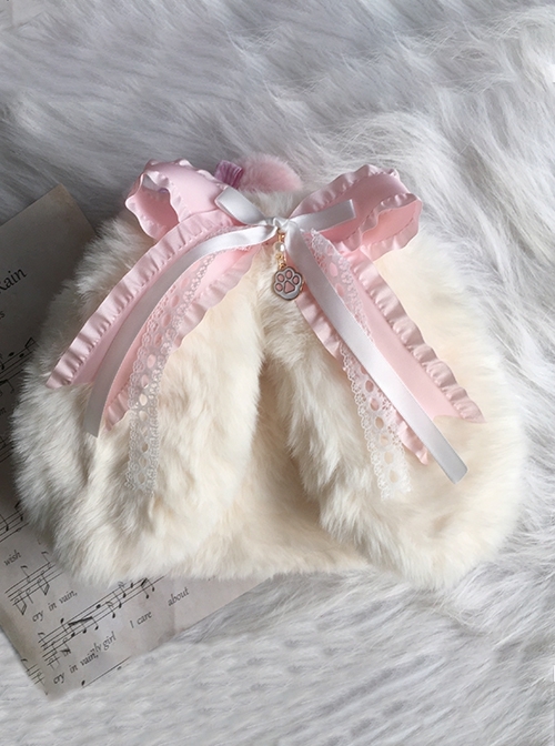 Plush White Rabbit Bowknot Check Ribbon Bow Lace Crossbody Pearl Chain Cute Sweet Lolita Bunny Bag