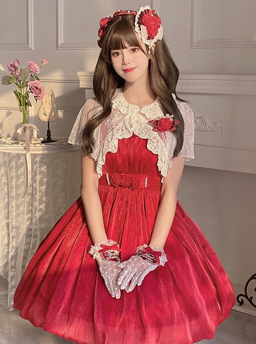 Rose Pearl Polarized Flower Bud Classic Lolita Bowknot High Waist Suspender Dress Lace Coat Hairband Hanamaru Set