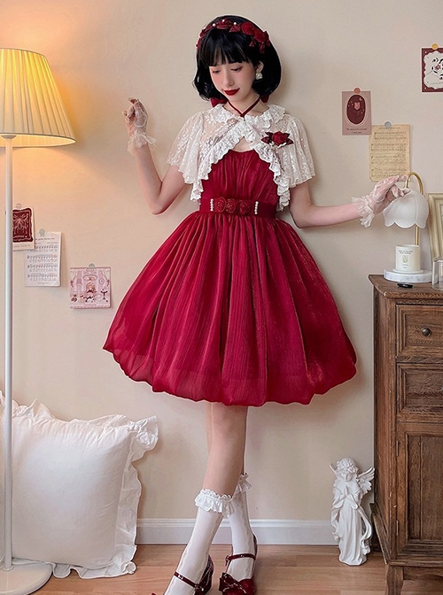 Rose Pearl Polarized Flower Bud Classic Lolita Bowknot High Waist Suspender Dress Lace Coat Hairband Hanamaru Set