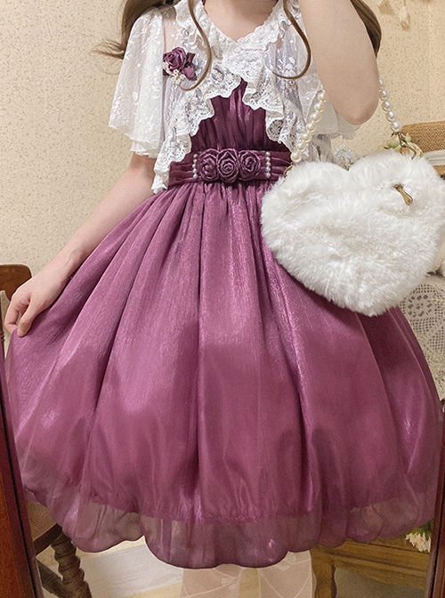 Rose Pearl Polarized Flower Bud Classic Lolita Bowknot High Waist Suspender Dress Lace Coat Hairband Hanamaru Set