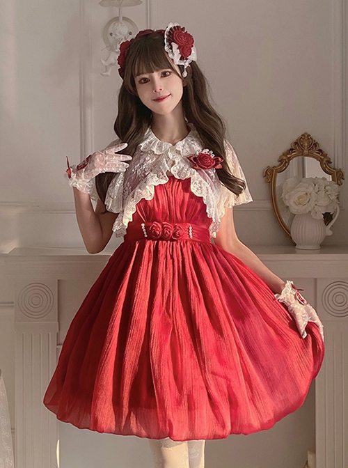 Rose Pearl Polarized Flower Bud Classic Lolita Bowknot High Waist Suspender Dress Lace Coat Hairband Hanamaru Set