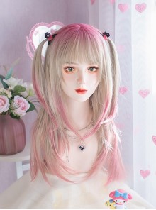 Golden Pink Gradient Y2K Landmine Flat Bangs Long Layered Hair Sweet Lolita Matte Full Head Wig