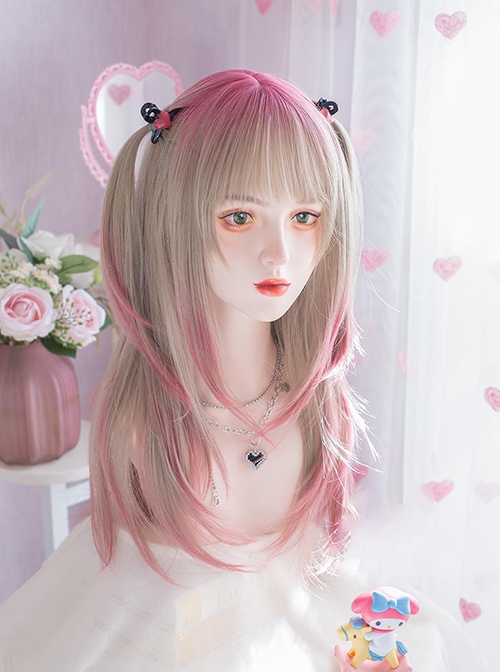 Golden Pink Gradient Y2K Landmine Flat Bangs Long Layered Hair Sweet Lolita Matte Full Head Wig