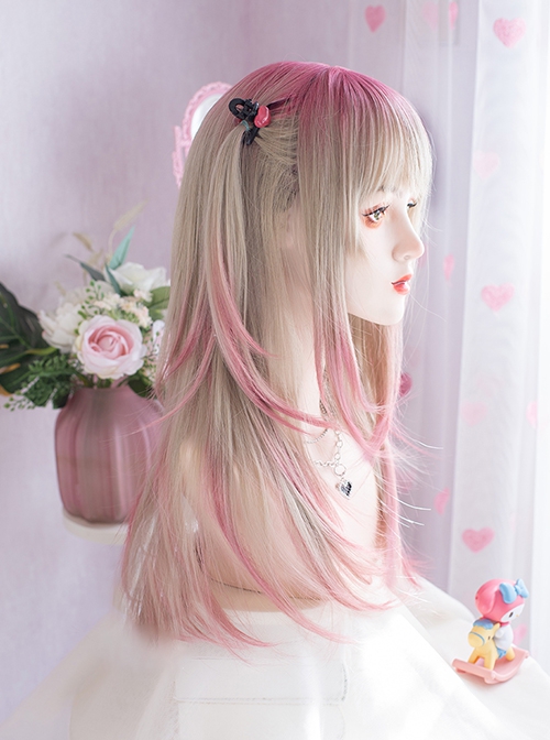 Golden Pink Gradient Y2K Landmine Flat Bangs Long Layered Hair Sweet Lolita Matte Full Head Wig