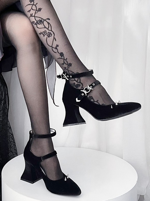 Thorn Rose Series Elegant Gothic Lolita Punk Style Mature Sexy Hottie Pointed Toe High Heel Velvet Mary Jane Shoes