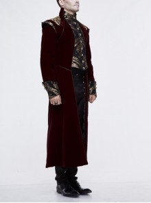 Gothic Style Gentleman Gorgeous Wool Jacquard Faded Button Shoulder Embroidery Decoration Wine Red Long Coat