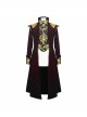 Gothic Style Gentleman Gorgeous Wool Jacquard Faded Button Shoulder Embroidery Decoration Wine Red Long Coat