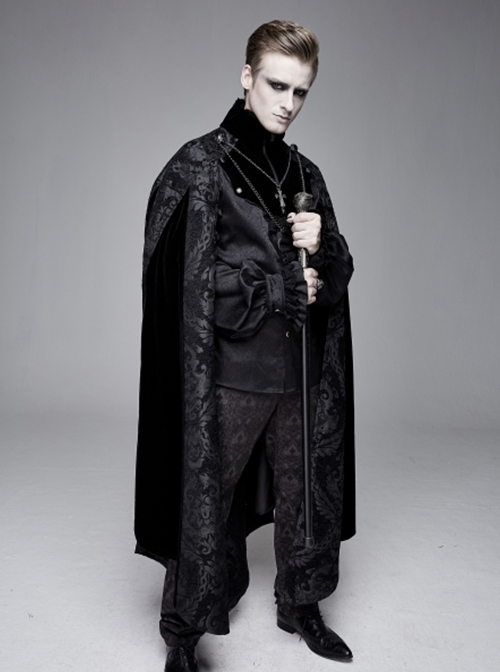 Gothic Style Gorgeous Printed Fabric Detachable Metal Cross Chain Decoration In The Middle Of The Front Black Men's Cloak