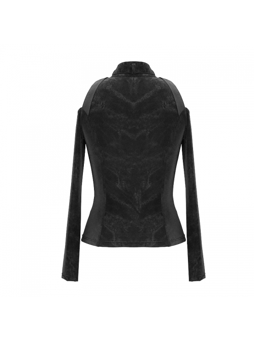 Punk Style Personality Elastic Knit Irregular Floral Pattern Shoulder Hollow Buckle Decoration Black Long Sleeved Coat