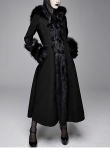 Gothic Style Simple Double Sided Warm Wool Front Center Detachable Wool Strip Sleeve Ring Black Large Fur Collar Long Sleeve Coat