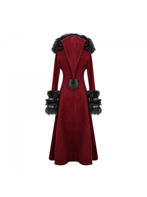 Gothic Style Simple Double-Sided Warm Wool Front Center Detachable Wool Strip Sleeve Ring Red Large Fur Collar Long Sleeve Coat